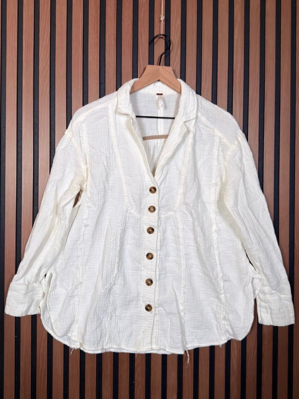 Free People Gauze Top XS Womens White Button Front Long Sleeve Collared